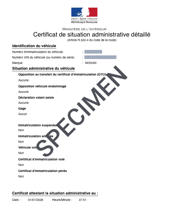 Exemple de certificat de non-gage